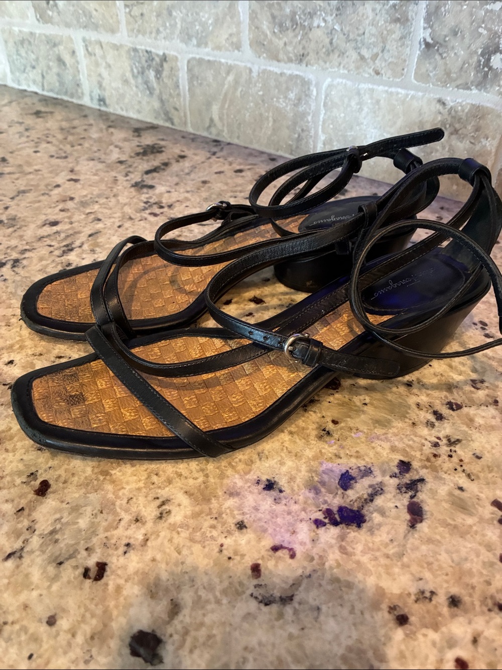 Salvatore Ferragamo Black Strappy Leather Sandals with Woven Tan Insole